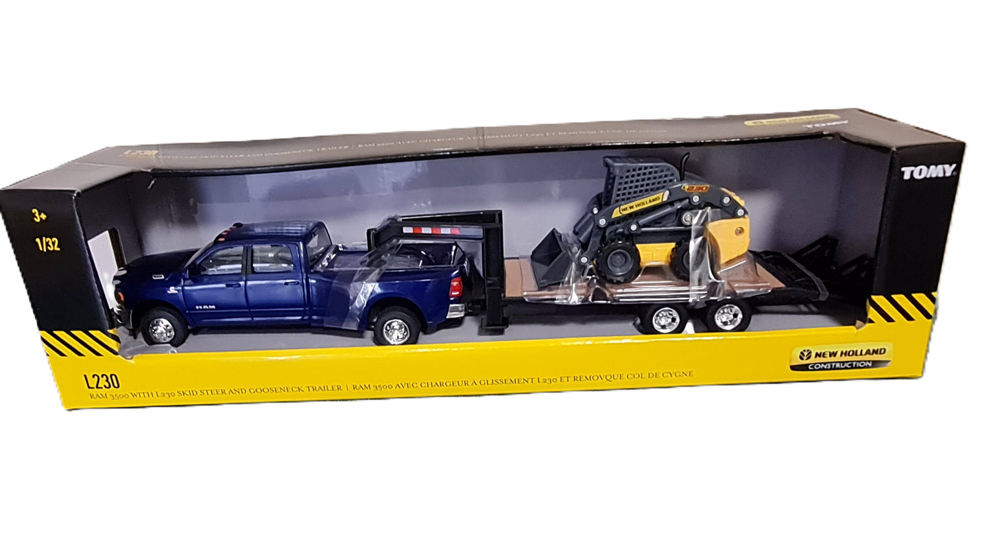 RAM Dually Quad-Cab Pickup w/- Low Loader Trailer and NH L230 Skid Steer - 1/32