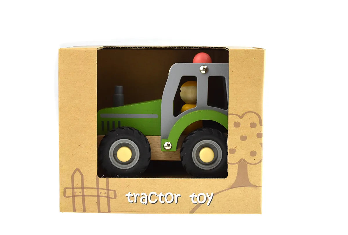 Wooden Green Tractor with Rubber Tyres