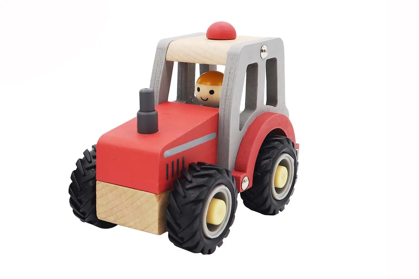 Wooden Red Tractor with Rubber Tyres