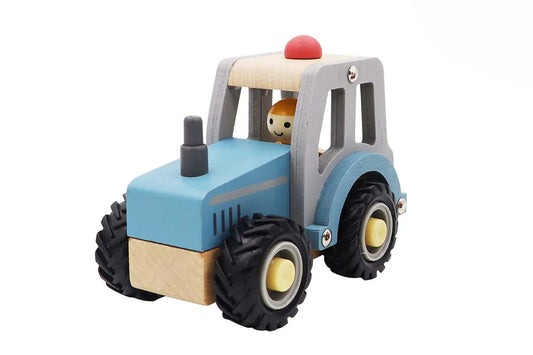 Wooden Blue Tractor with Rubber Tyres